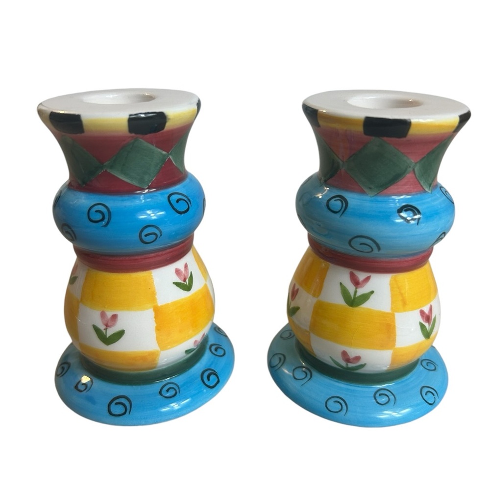 Vintage Colorful Ceramic Candle Sticks Checkers Flowers Blue Yellow Milson Louis